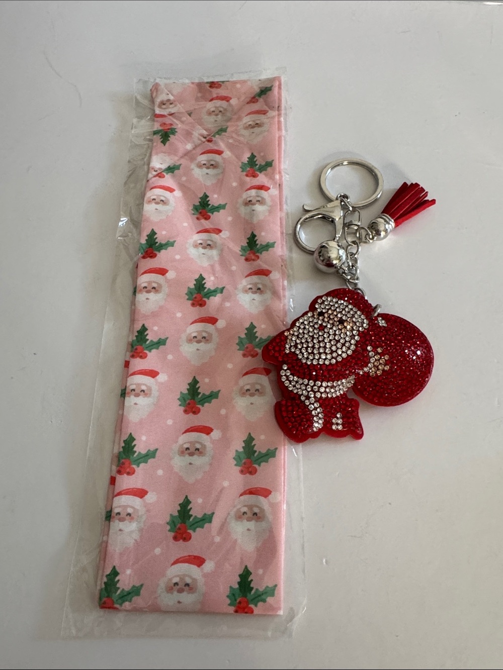 Festive Red Santa Crystal Keychain with Pink Santa Print Twilly Scarf